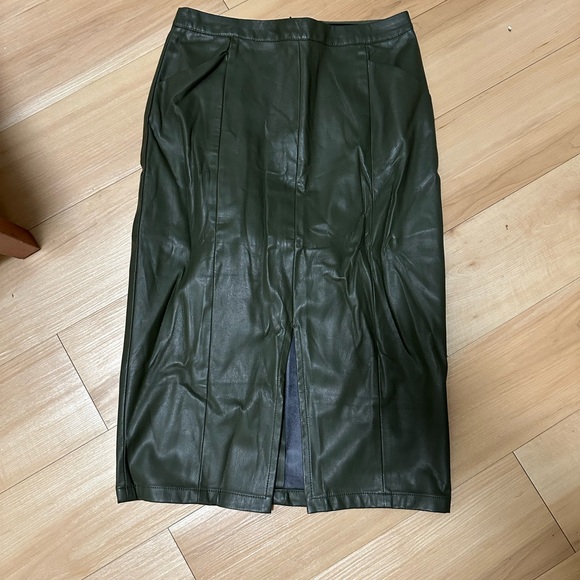 Olive Faux Leather Skirt with Front Slit - Picture 2 of 4